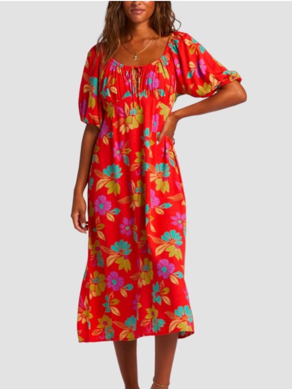 New Billabong True Romance Red Floaty Babydoll Smocked Floral Midi Beach Dress S